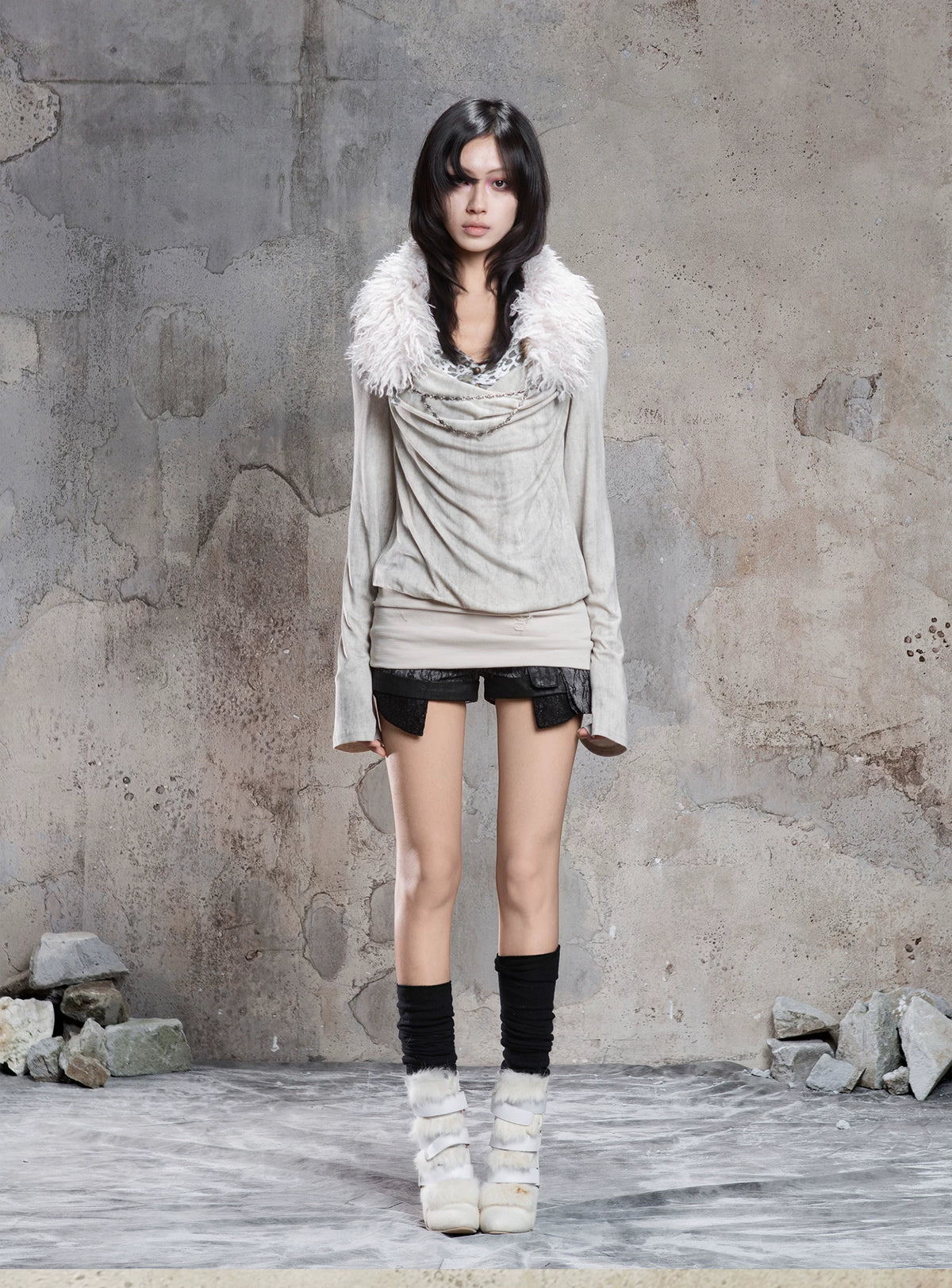 Fake Two-Piece Draped Pleated Mid- Length Slimming Long Sleeve T-Shirts