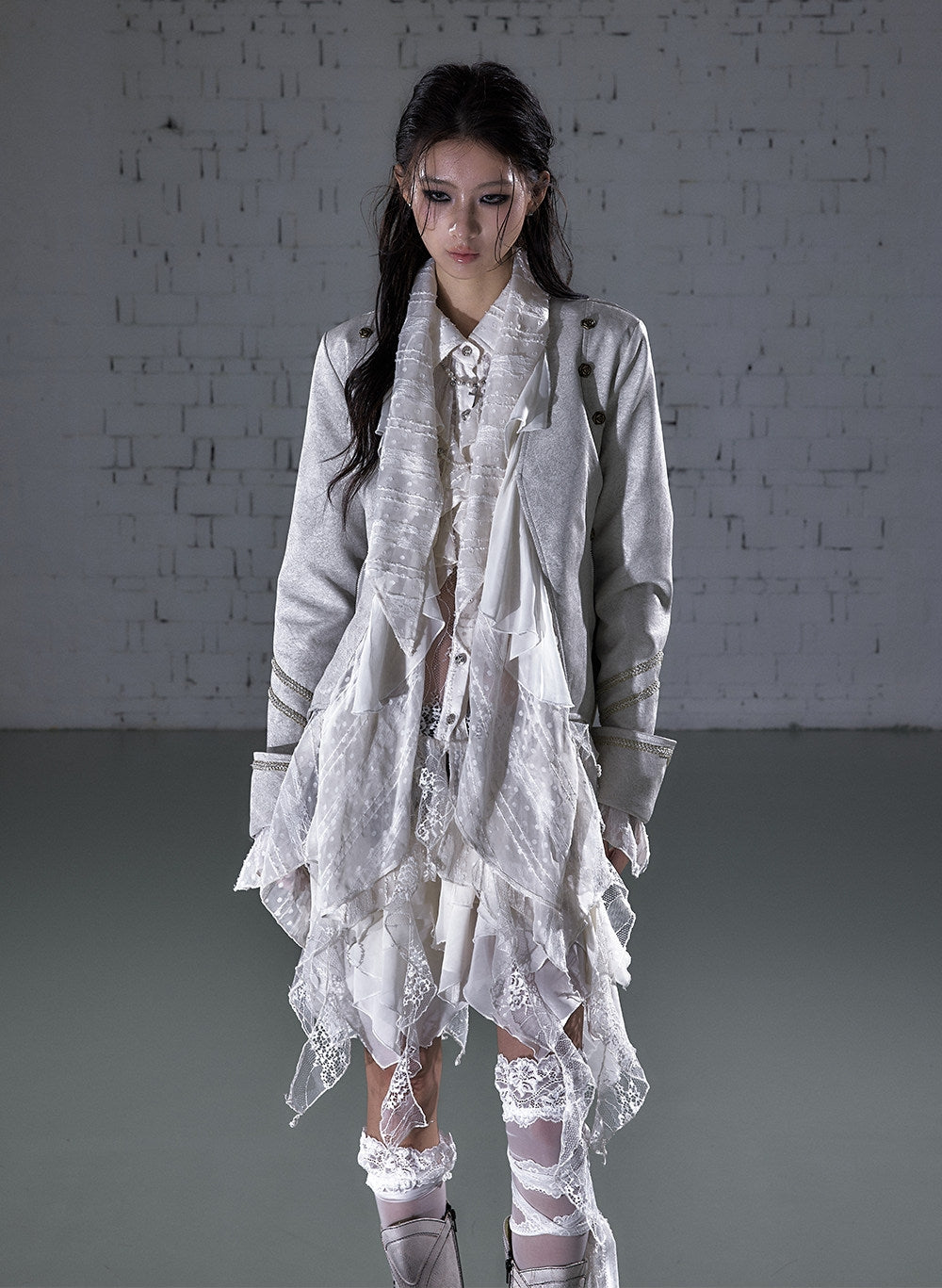 Ruffle Tie-Neck Slim Fit Long Sleeve Shirt