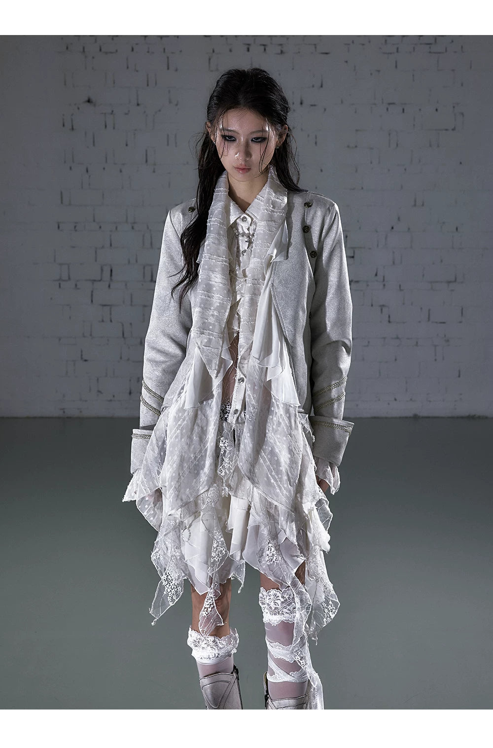 Ruffle Tie-Neck Slim Fit Long Sleeve Shirt