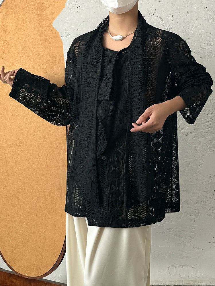 Jacquard Lace Patchwork Ribbon Long Sleeve Shirt