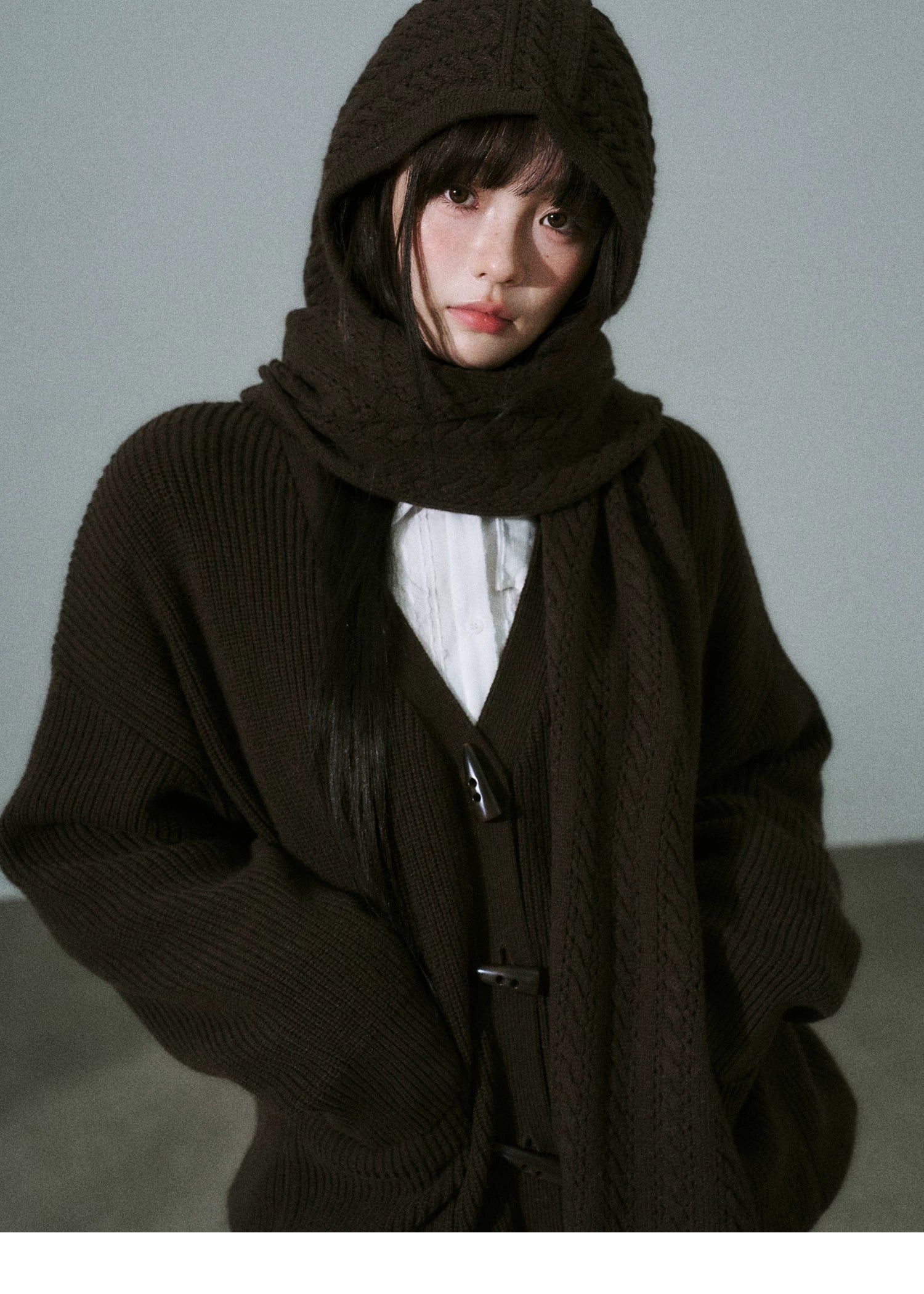 Hooded Horn Button Fleece Lining Knit Cardigan