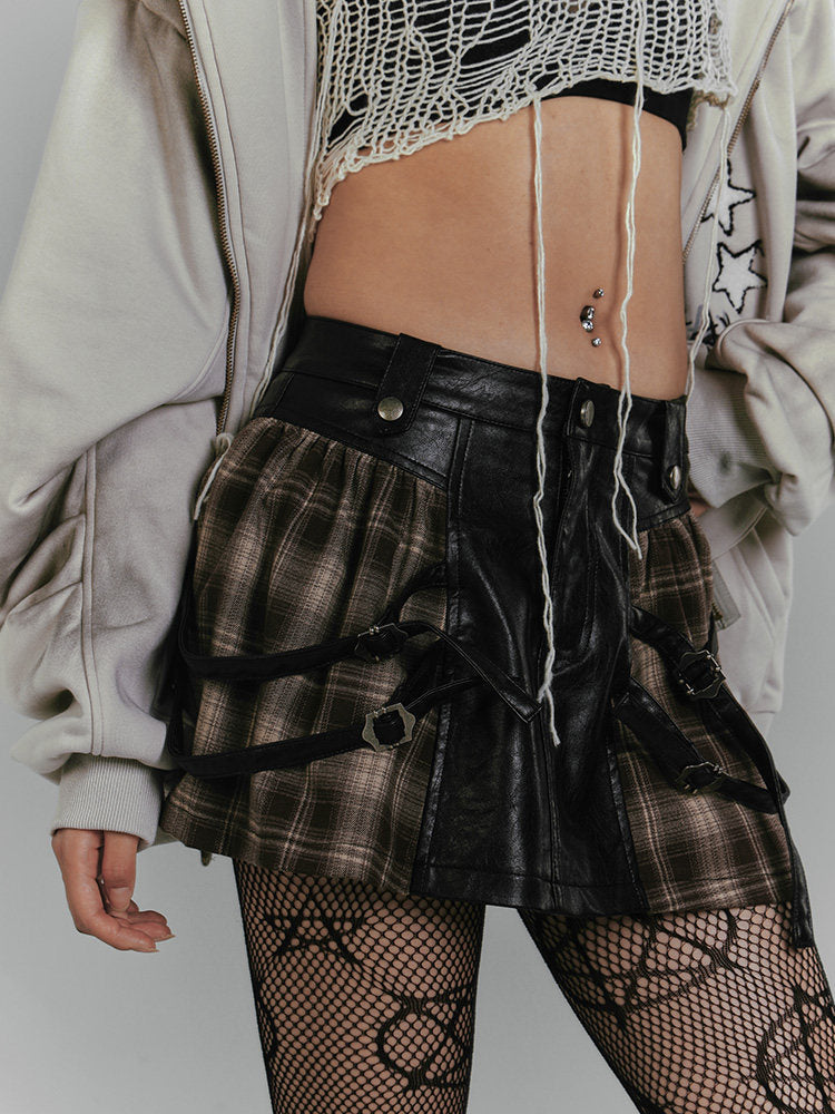 Plaid PU Leather Mix Patchwork Short Skirt