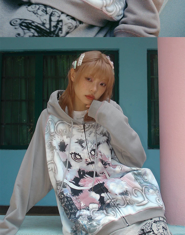 Sweat à capuche oversize à motif lapin avec fermeture éclair