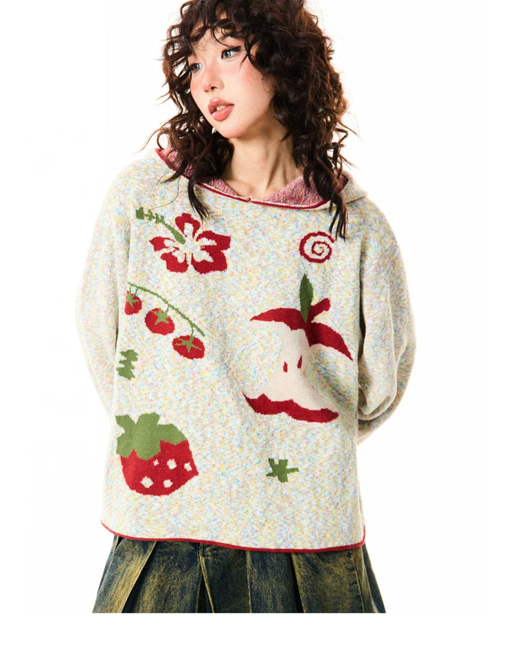 Fruit Pattern Knit Oversize Hoodie