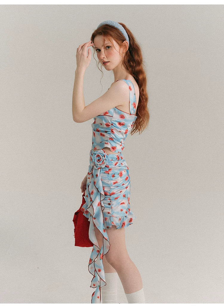 Hand Painted Rose Floral Camisole & Short Skirt Setup