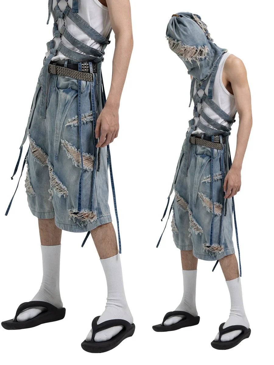 Washed Damage Wide-Leg Straight Denim Half Jeans