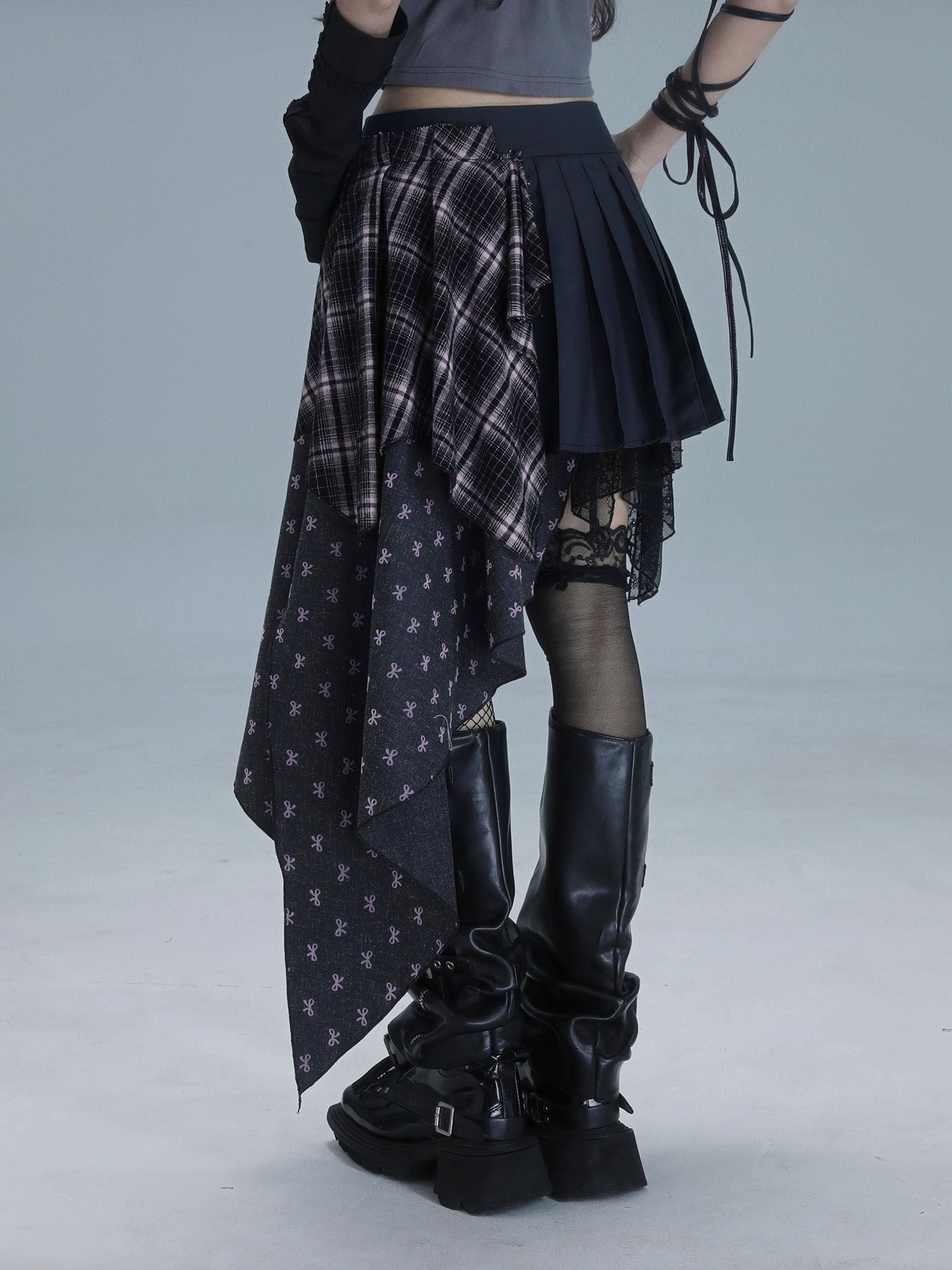 Plaid Patchwork Asymmetric Embroidery Skirt