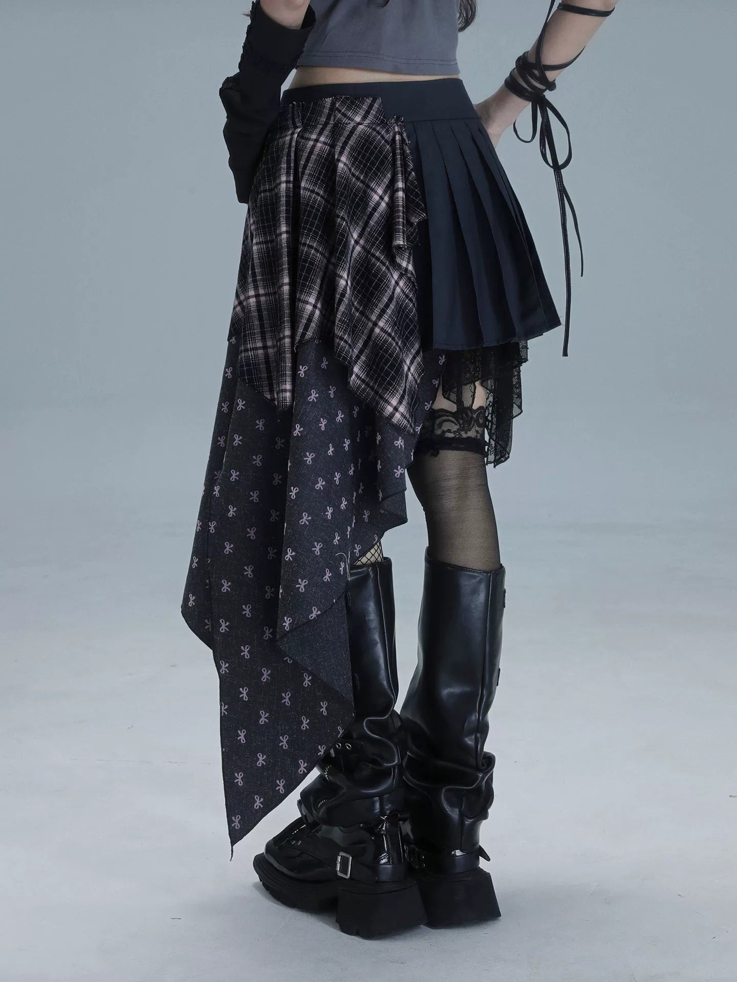 Plaid Patchwork Asymmetric Embroidery Skirt
