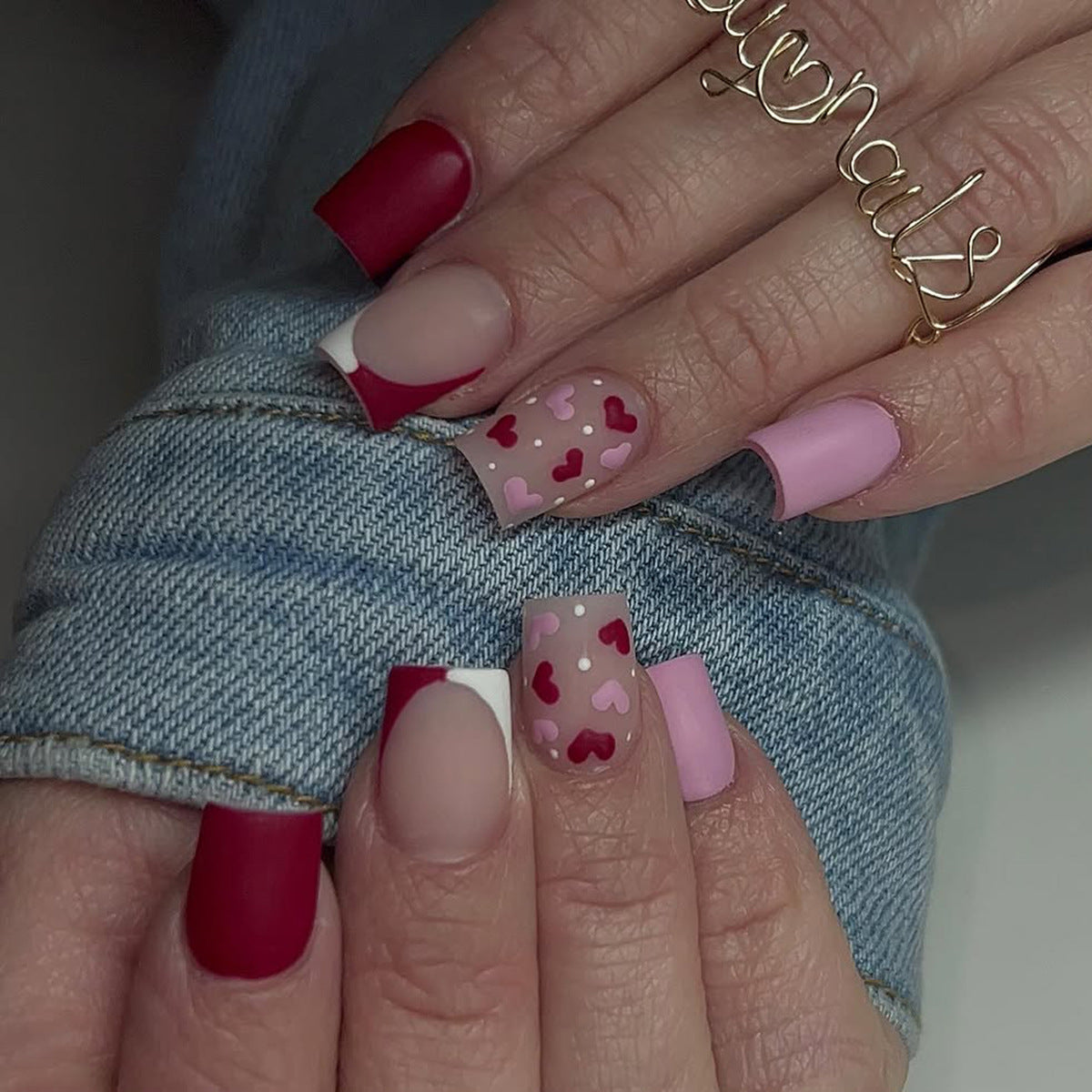 Spring Nails - Color-Blocked French Pink Small Heart Fake Nail