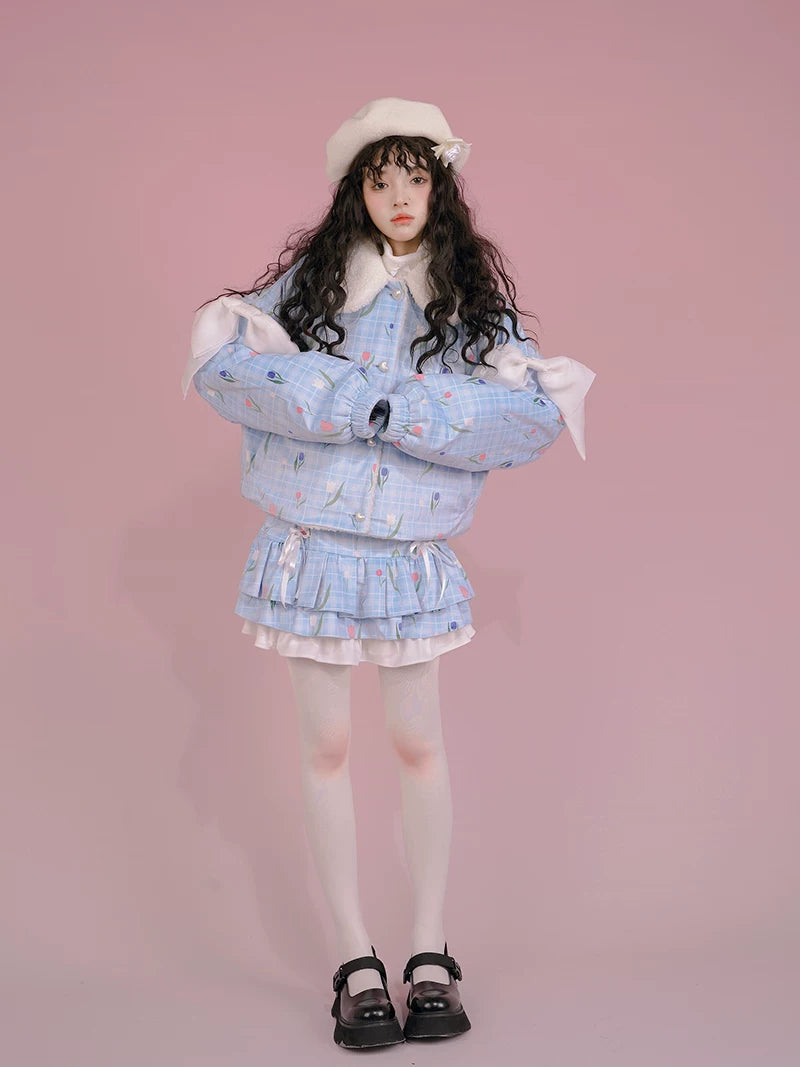 Flower Print Bow Fleece Lining Puffer Jacket
