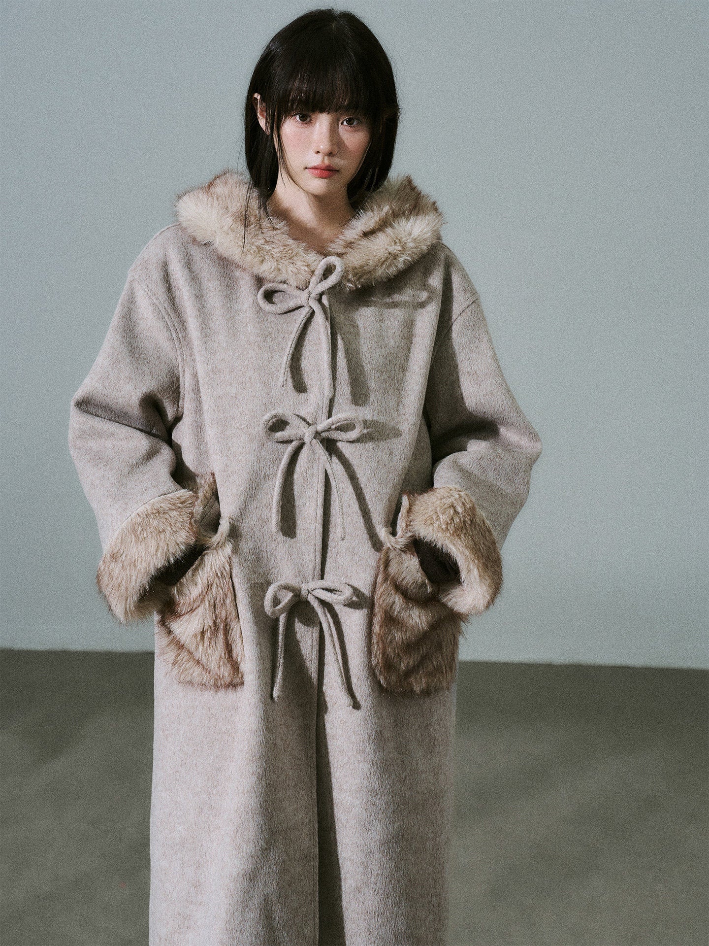 Bow Detail Fake Fur Trim Coat