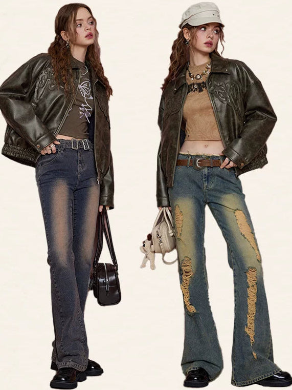Patch Embroidery Quilted PU Leather Jacket