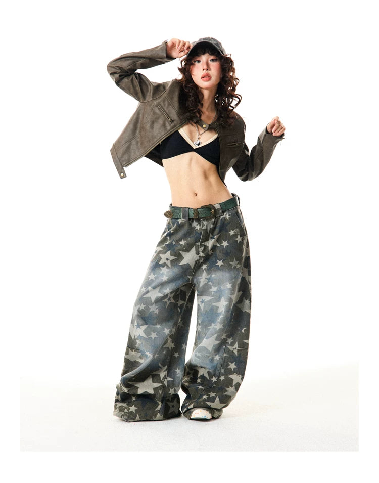 Star Print Damage Wide Leg Denim Jeans