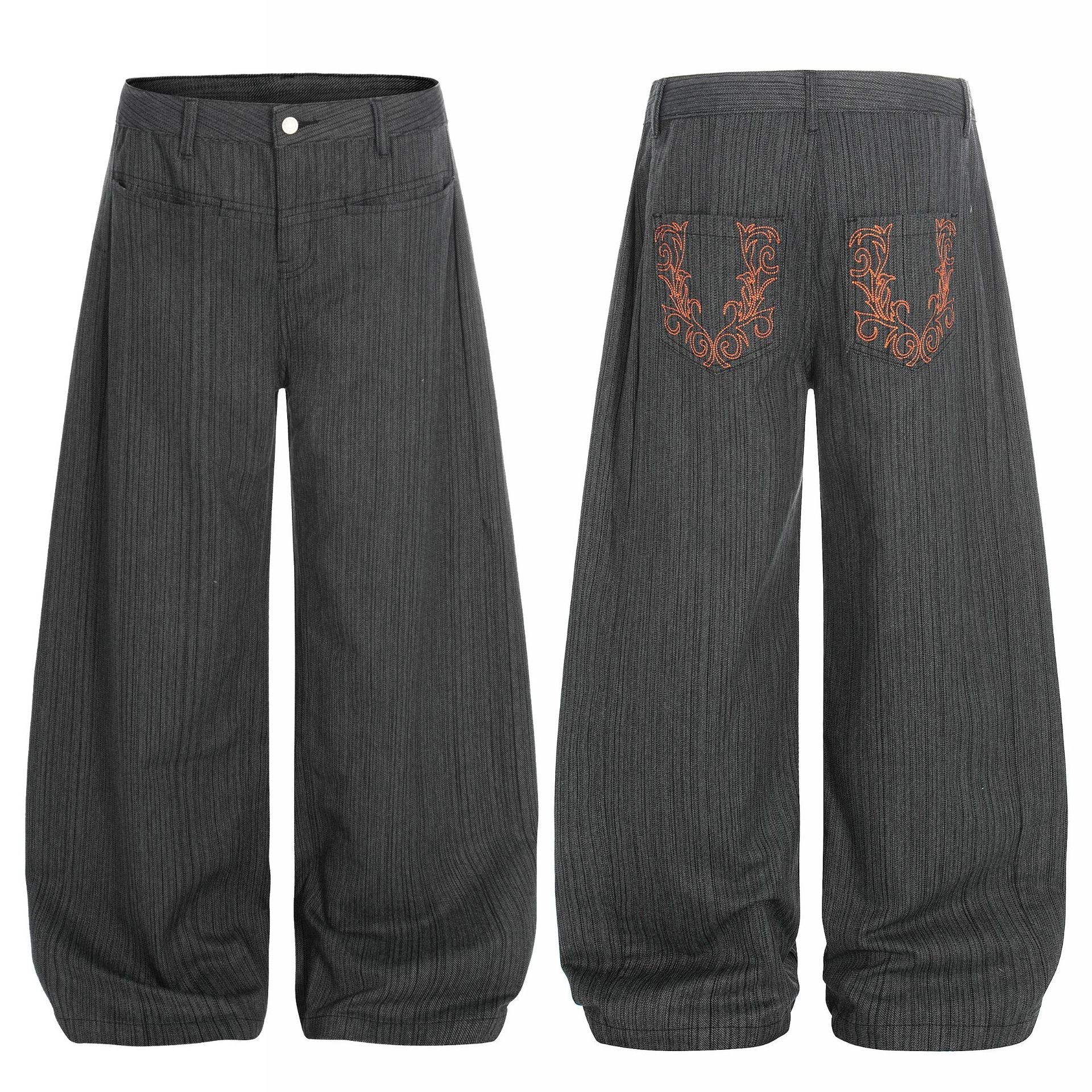 Stripe Embroidery Wide Leg Barrel Denim Jeans