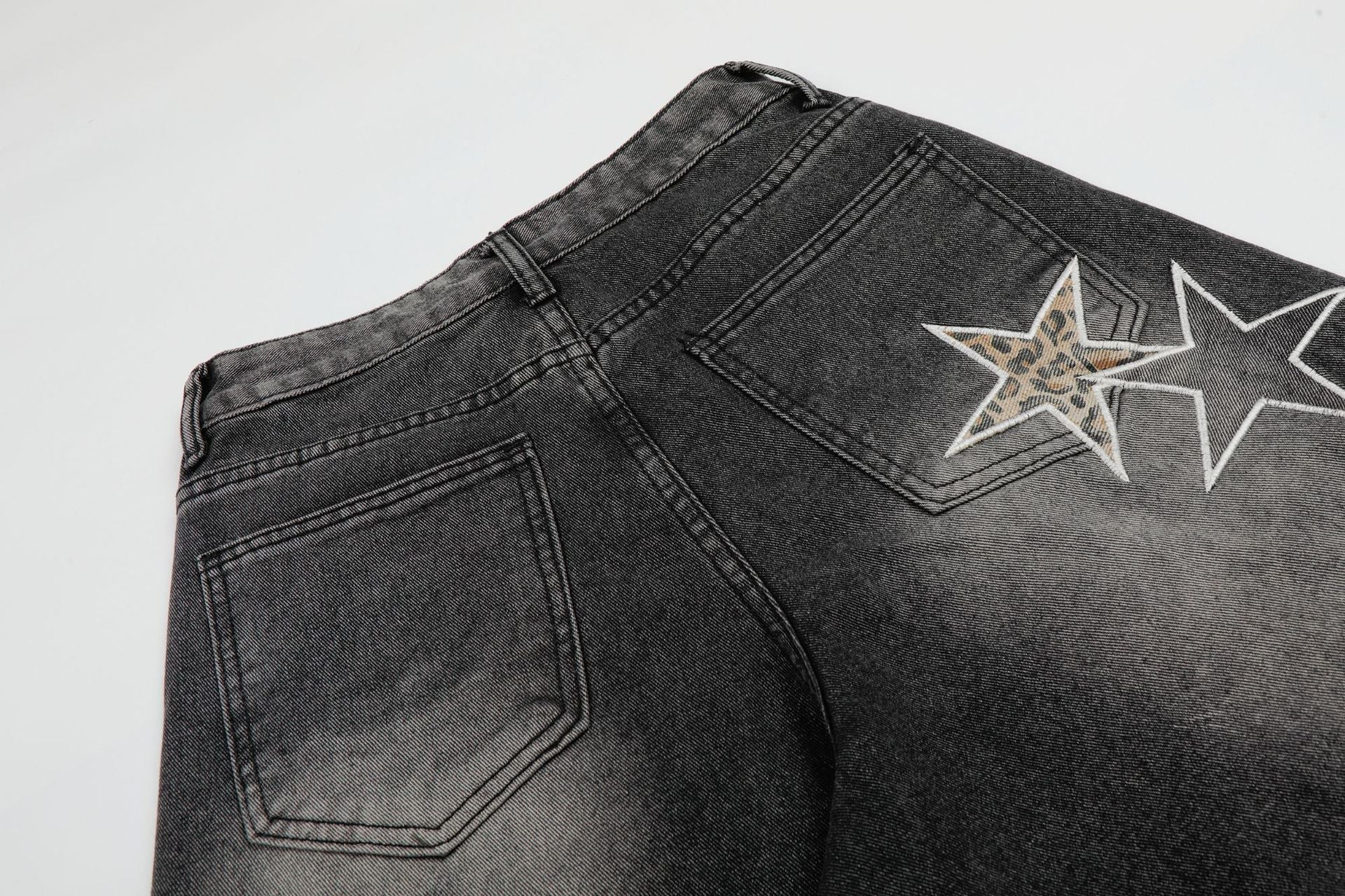 Star Patch Embroidery Curved Denim Jort