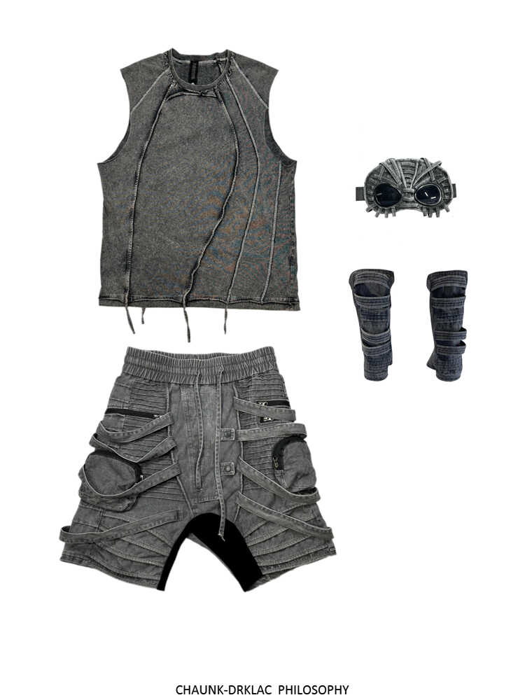 Asymmetrical Deconstructed Pleats Strap Washed Cargo Short