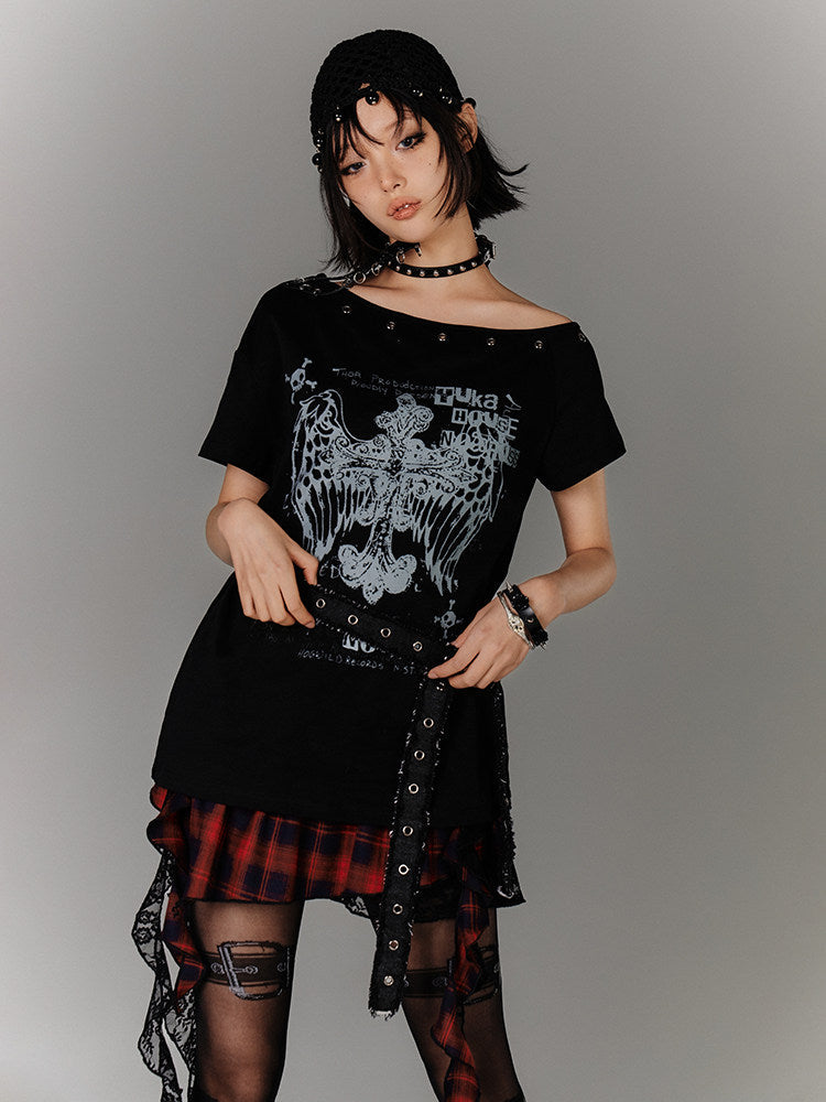 Off-Shoulder Eyelet Graphic Print Short Sleeve T-Shirt & Choker