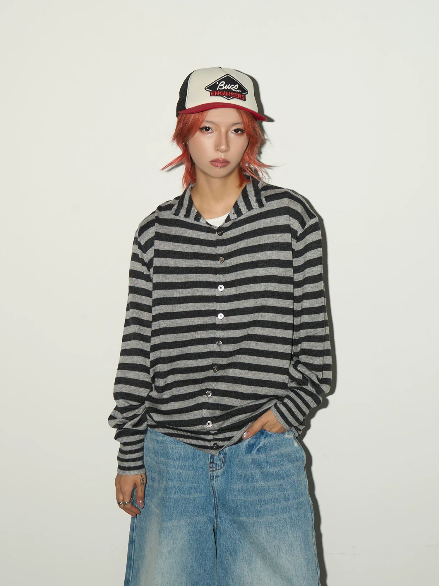 Contrast Stripe Wool Knit High-Neck Cardigan