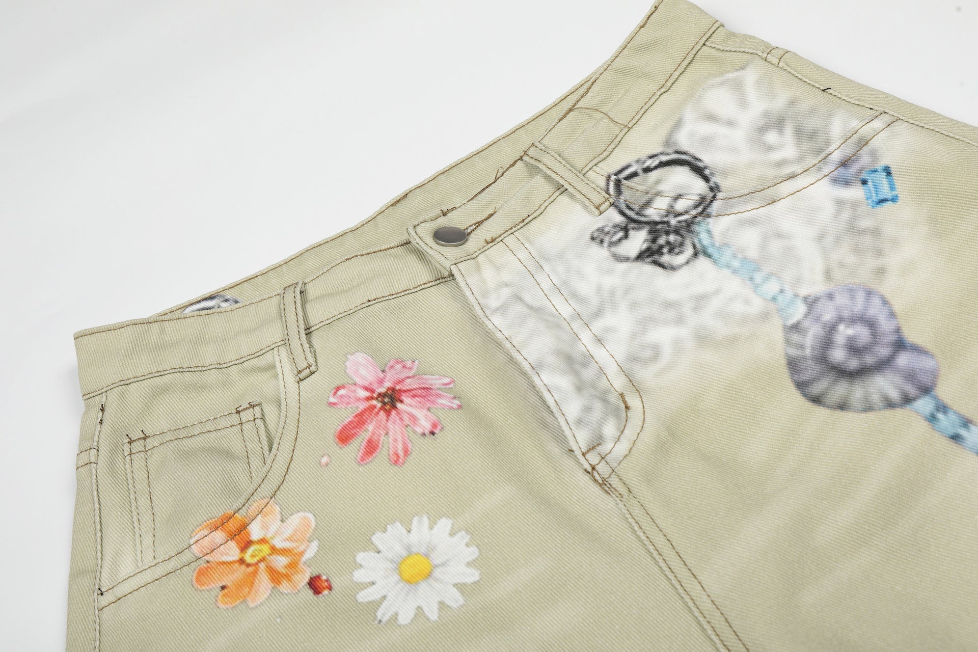 Floral Print Cropped Denim Jort
