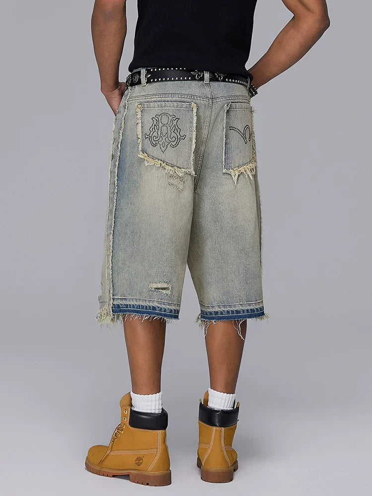 Washed Patchwork Raw Hem Denim Half Jeans
