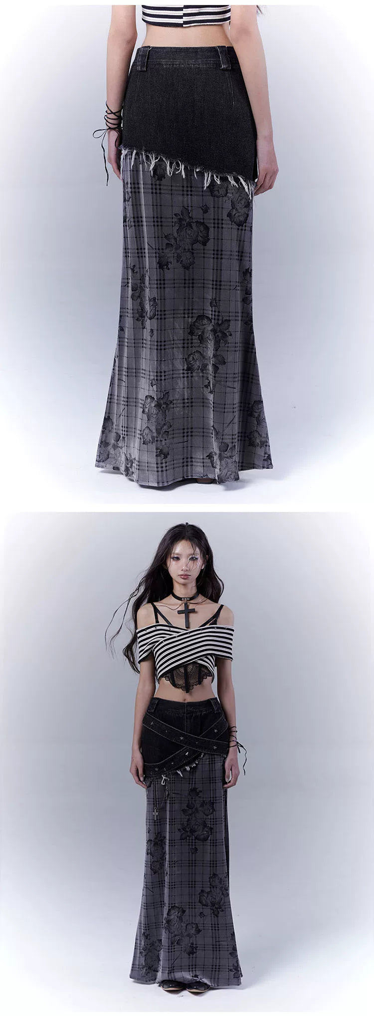 Plaid Rose Low Saturation Denim Skirt