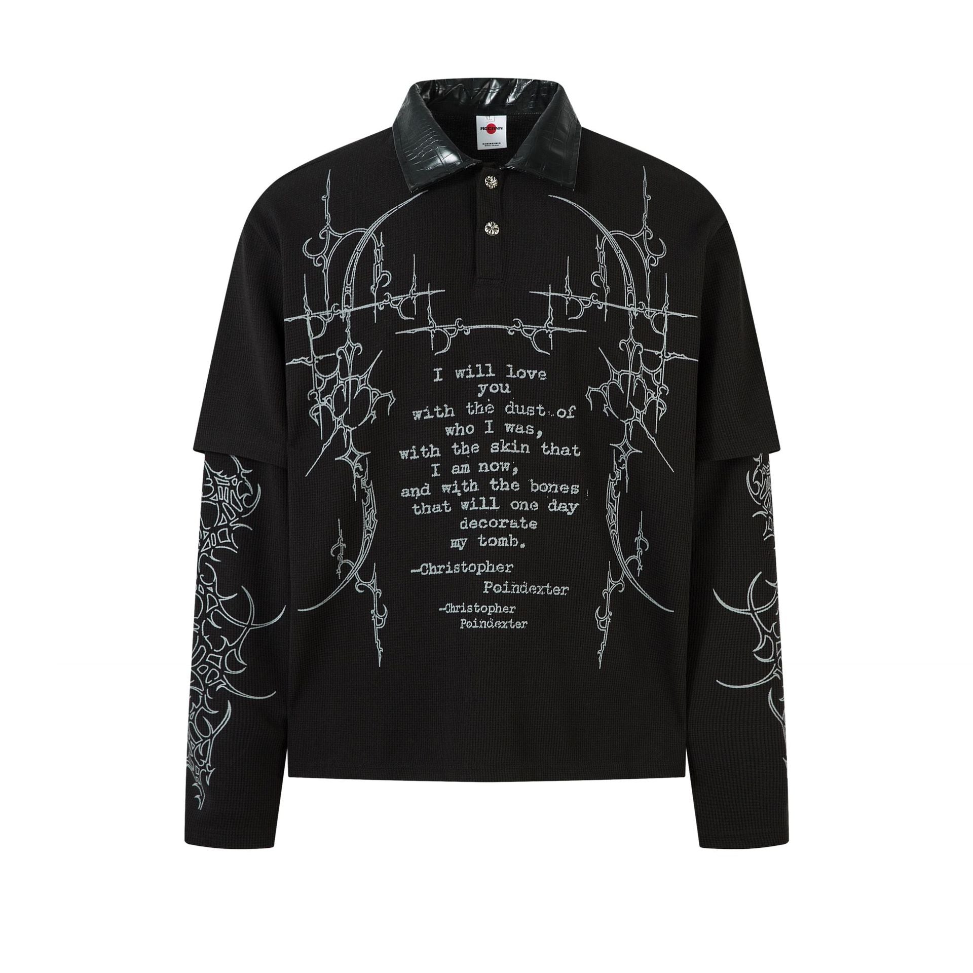 PU Leather Collar Thorn Print Fake Layered Long Sleeve Polo Shirt