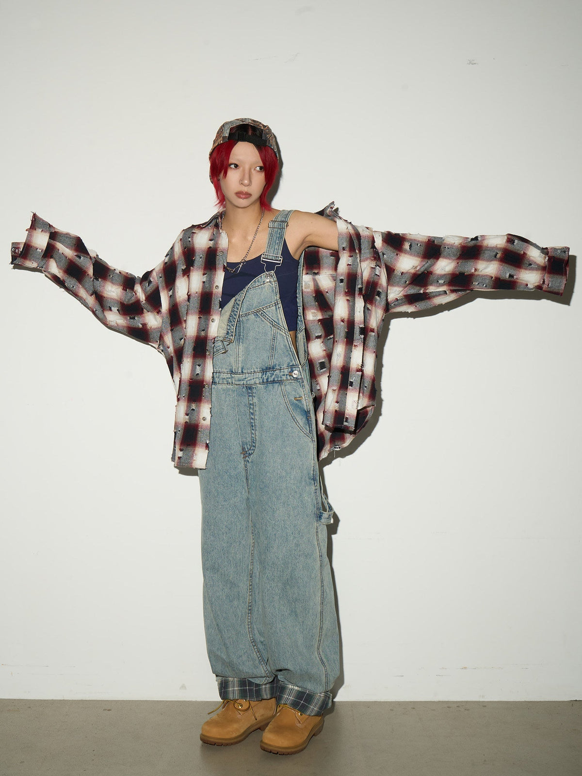 Ripped Plaid Oversize Long Sleeve Shirt