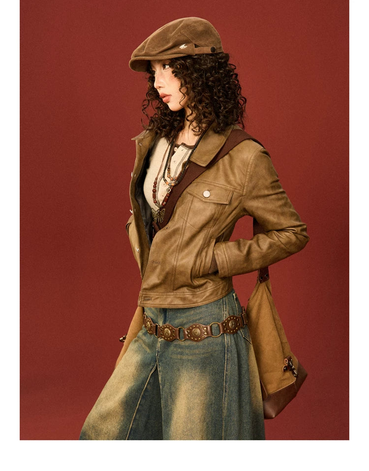 PU Leather Standing-Collar Short Jacket
