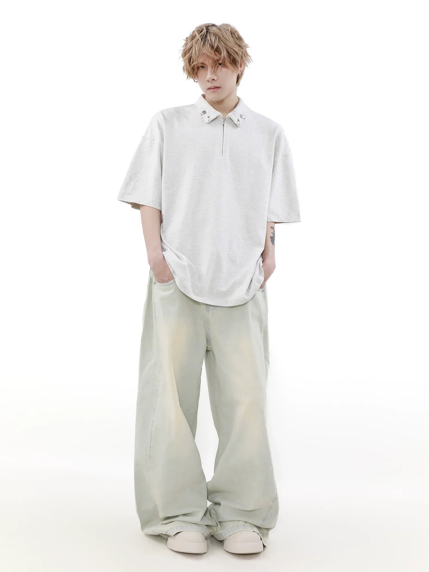 Half Zipper Metal Buckle Short Sleeve Polo Shirt
