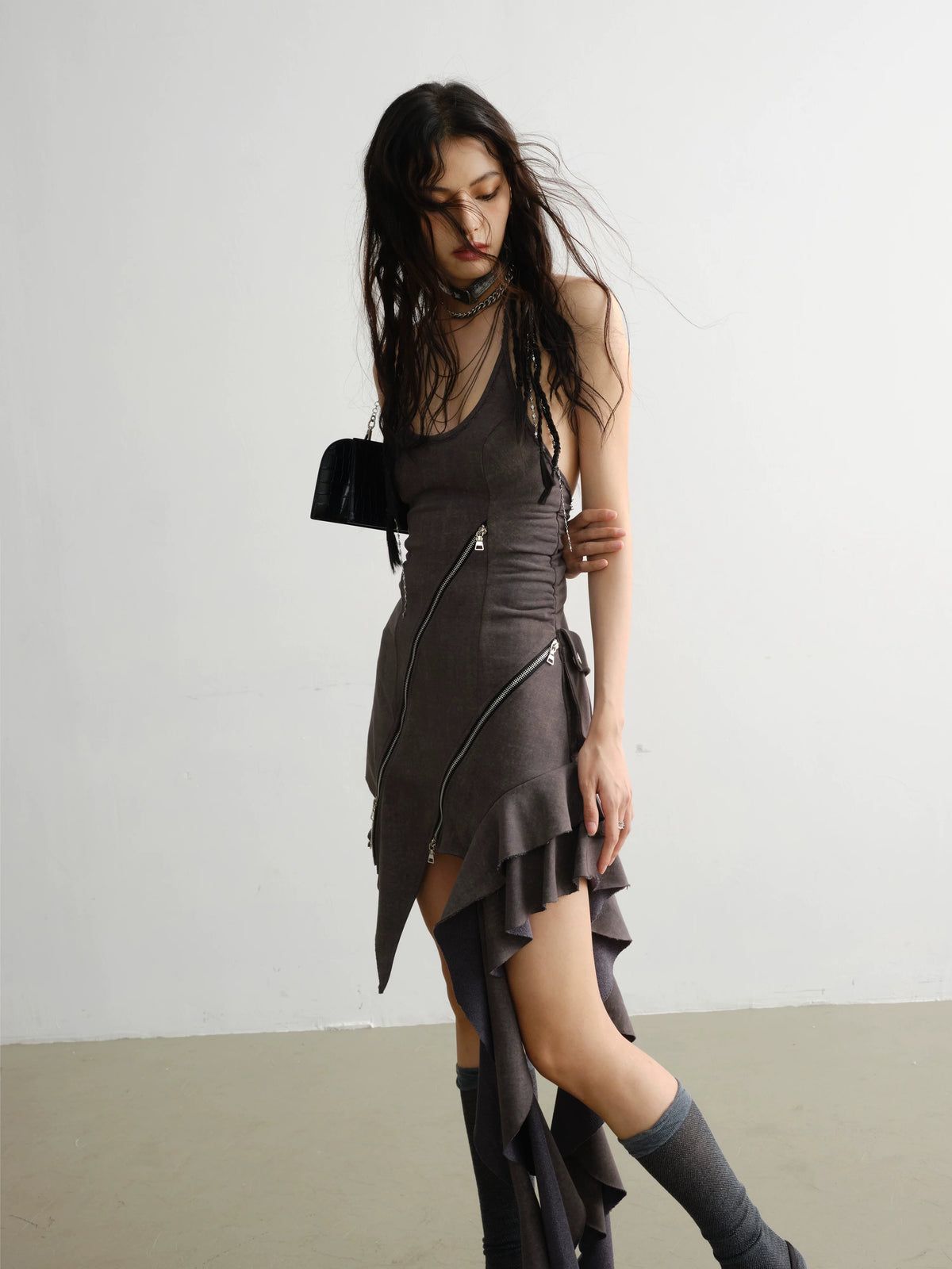 Zipper Decoration Ruffled Edge Dress