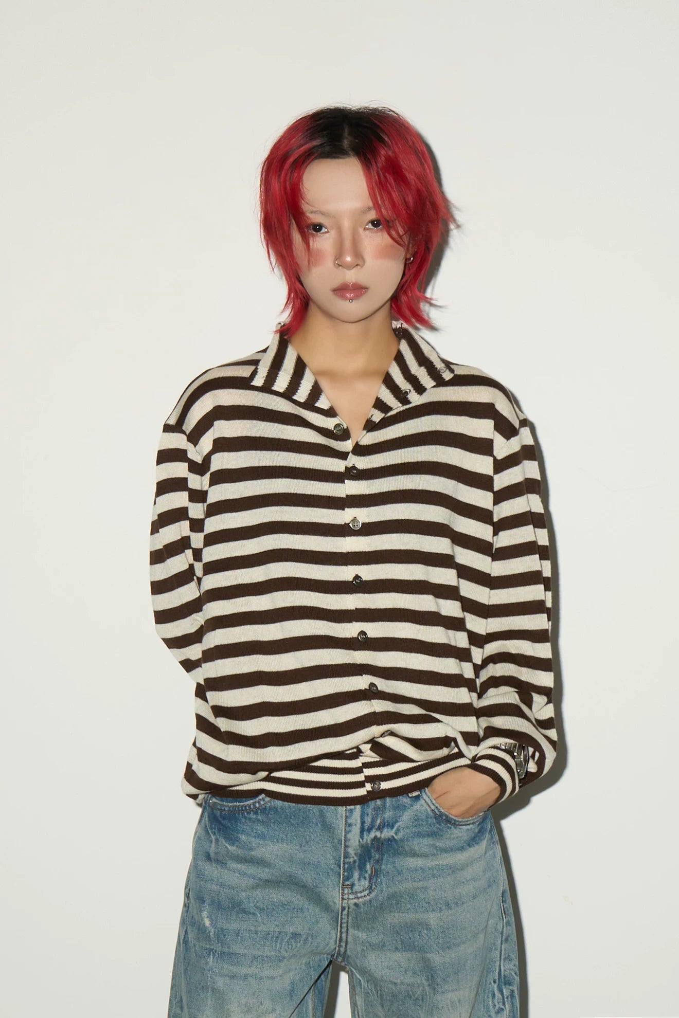 Contrast Stripe Wool Knit High-Neck Cardigan