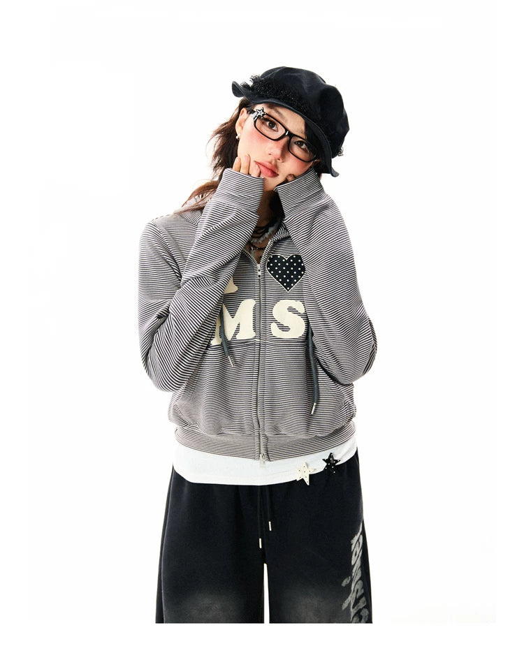 Heart Letter Print Stripe Cropped Zipper Hoodie
