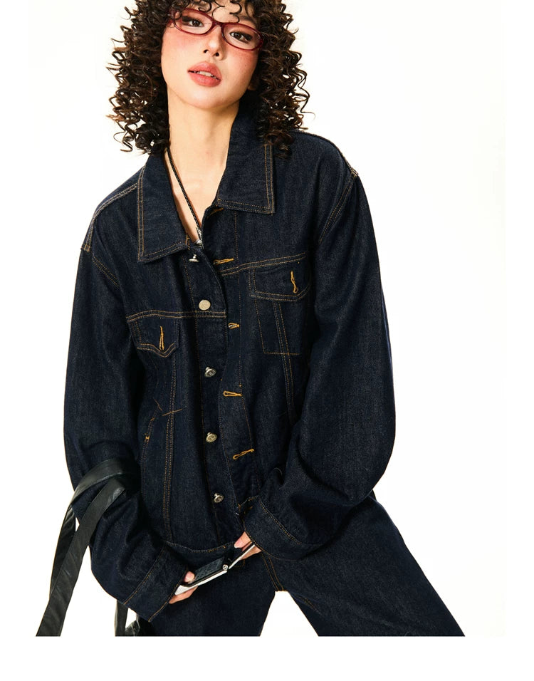 Button Oversize Denim Jacket & Wide Leg Denim Jeans Setup