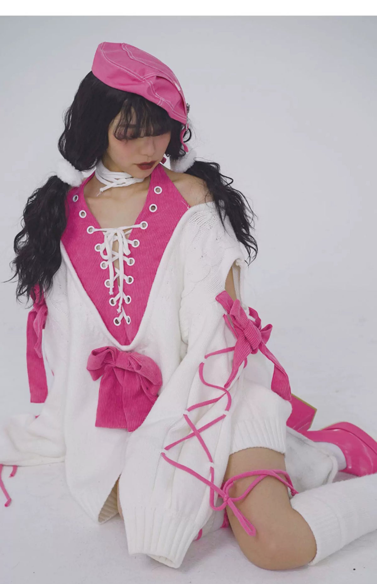 Oversize Fake Layered Bow Knit Sweater