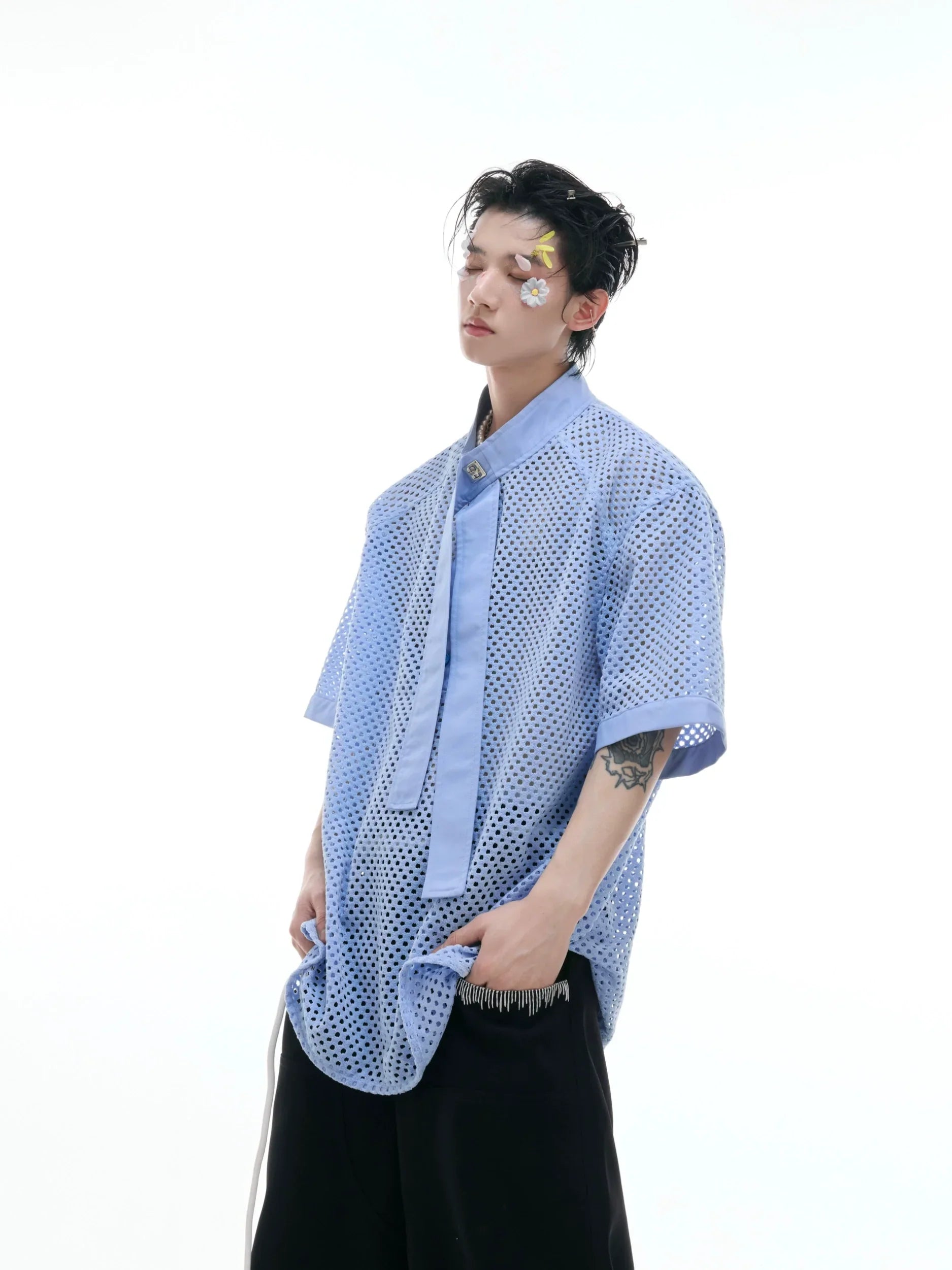Knit Mesh Necktie Patchwork Short Sleeve Shirt