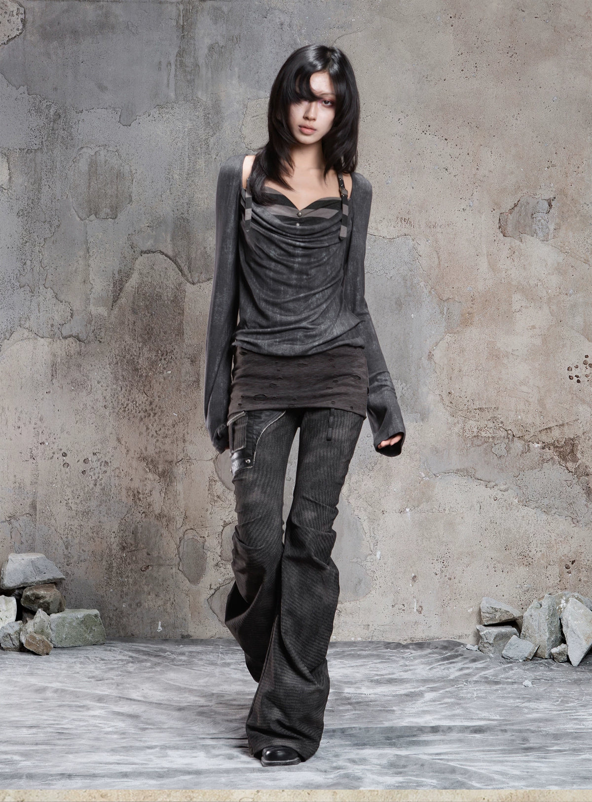 Fake Two-Piece Draped Pleated Mid- Length Slimming Long Sleeve T-Shirts