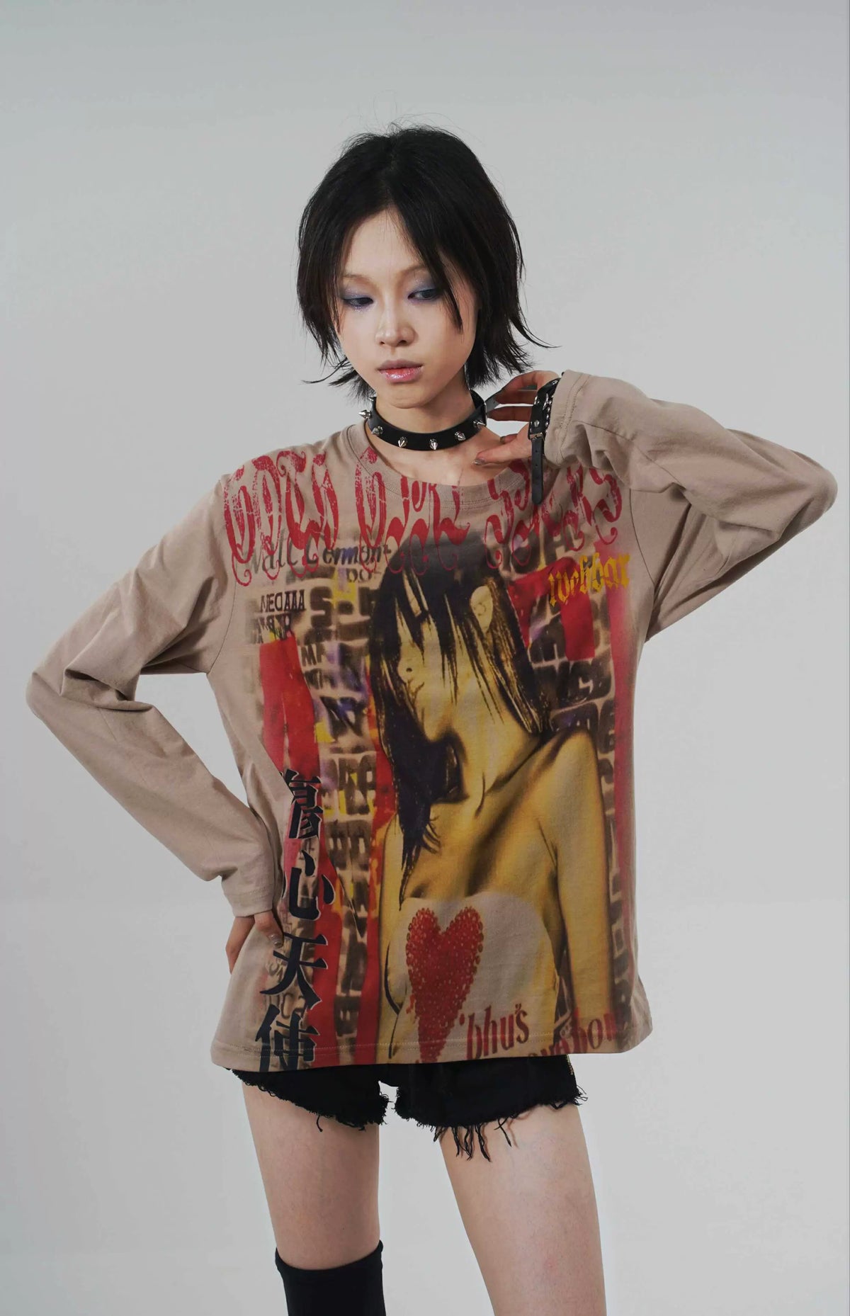 Y2k Japanese Punk Style "sad Angel" Brown Long Sleeve T-Shirt
