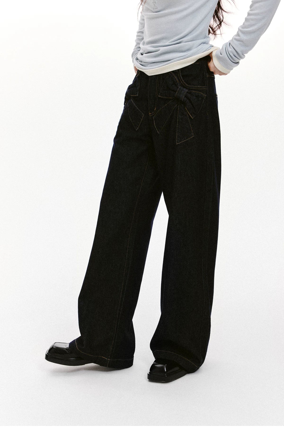 Bow Detail Wide-Leg Denim Jeans