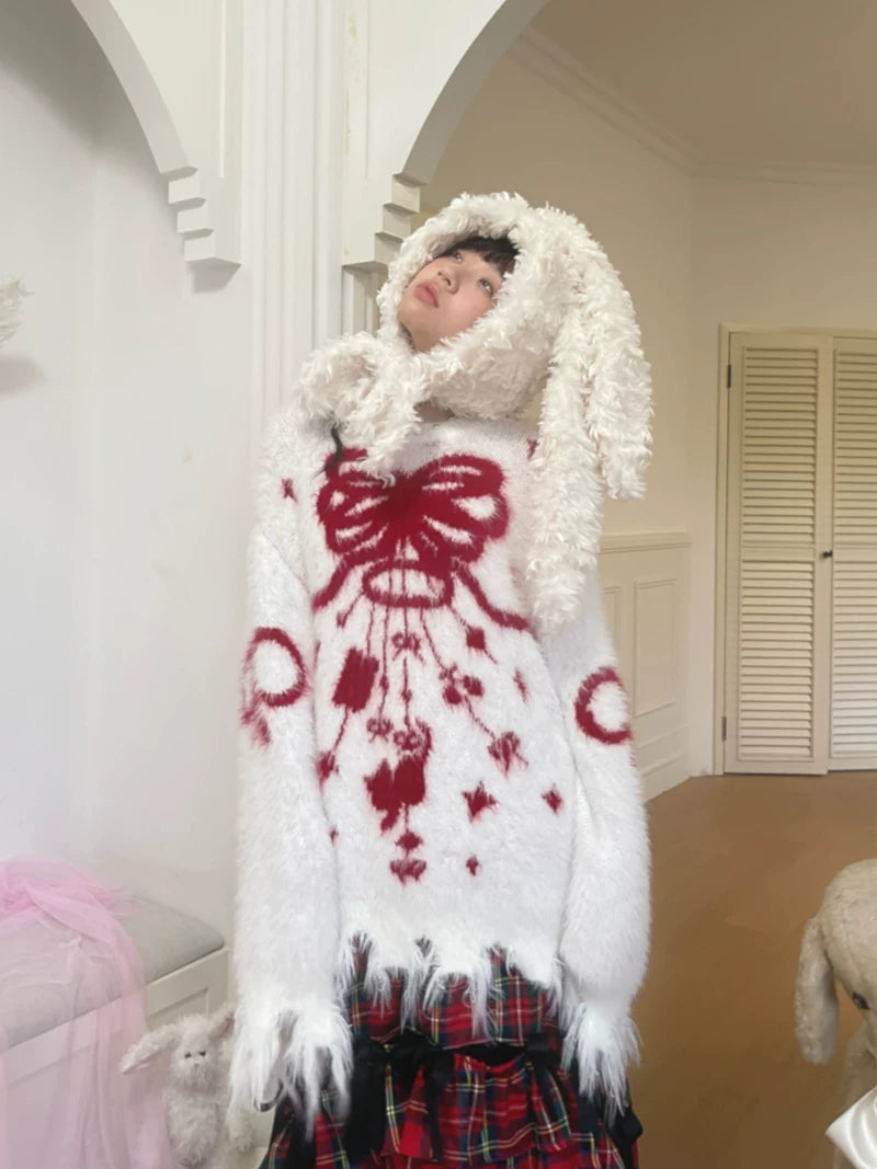 Bow Design Shaggy Knit Sweater