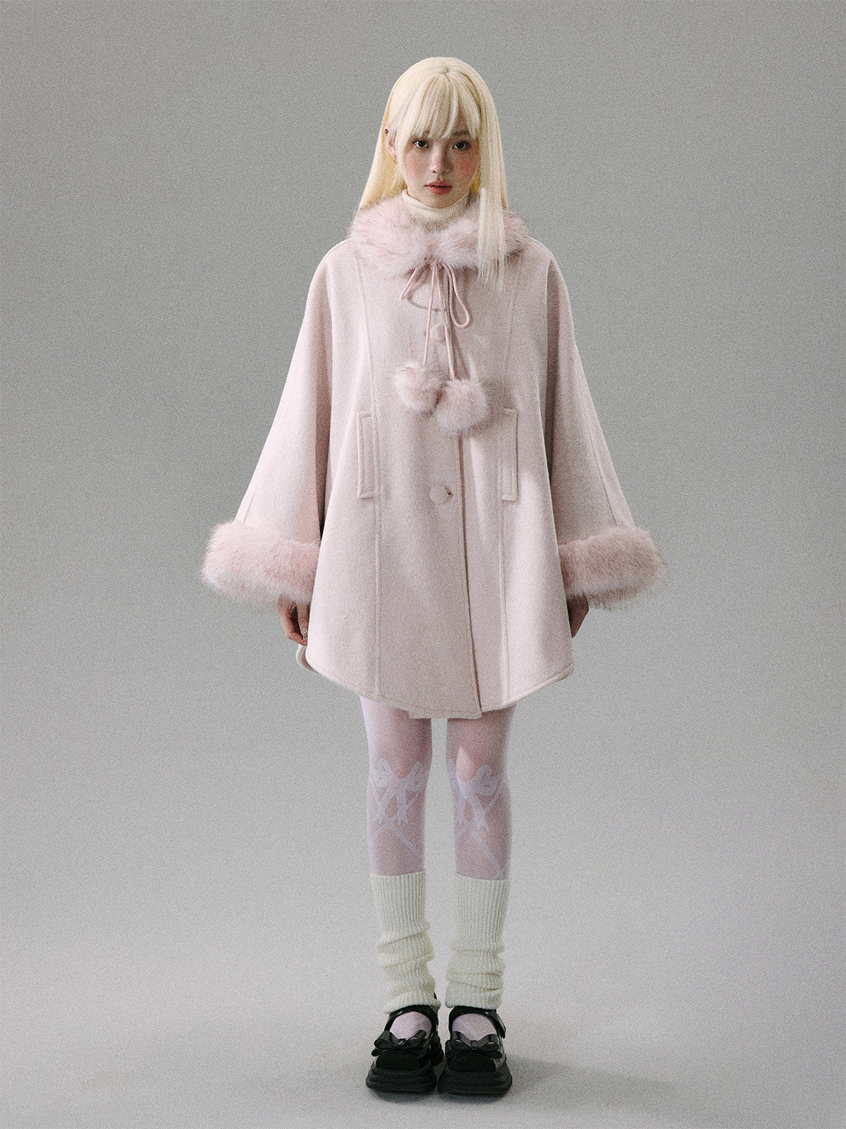 Sweet Girl Pink Long Hair Tweed Cape Coat
