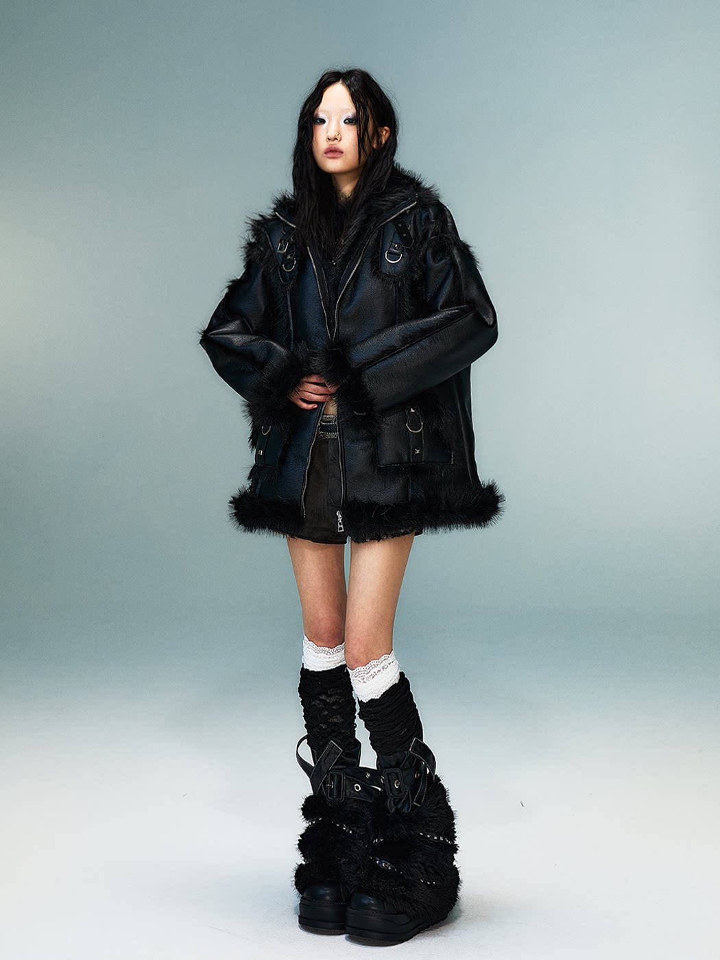 Punk Oversize Metal-Accent Shearling Jacket