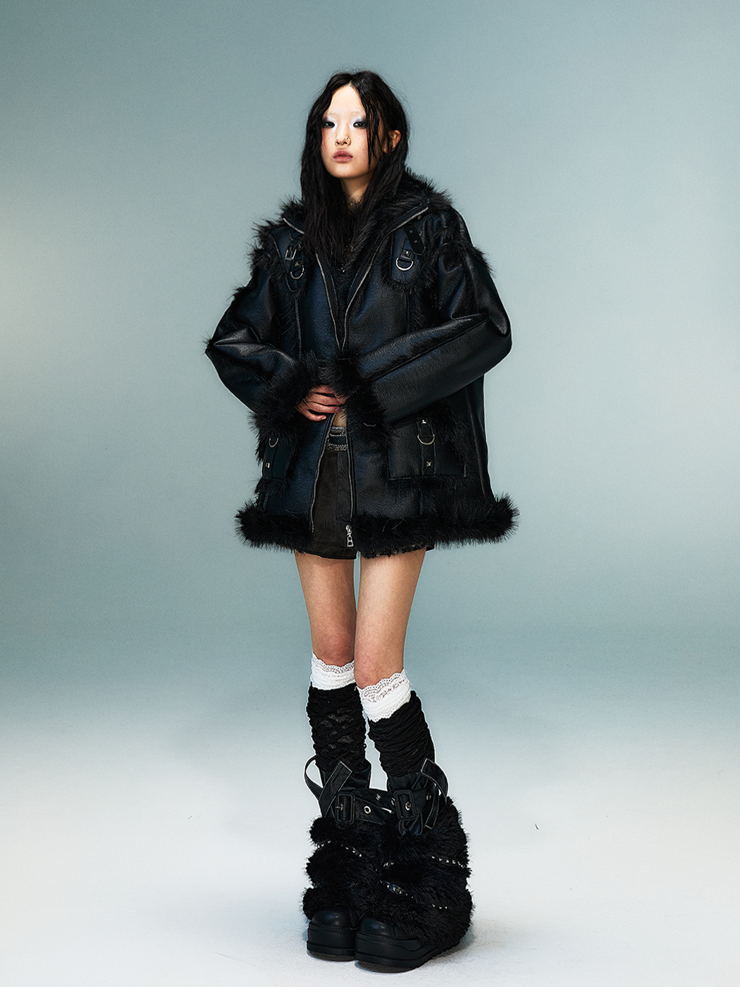 Punk Oversize Metal-Accent Shearling Jacket