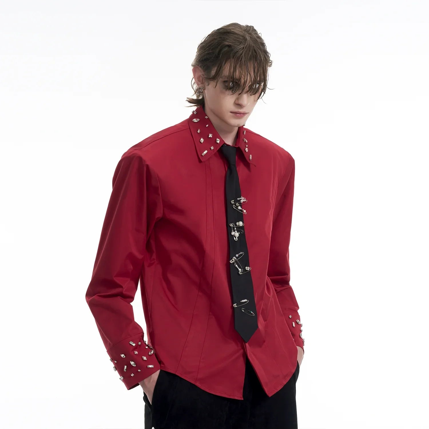 Handcrafted Rhinestone Patchwork Shoulder-Pad Long Sleeve Shirt