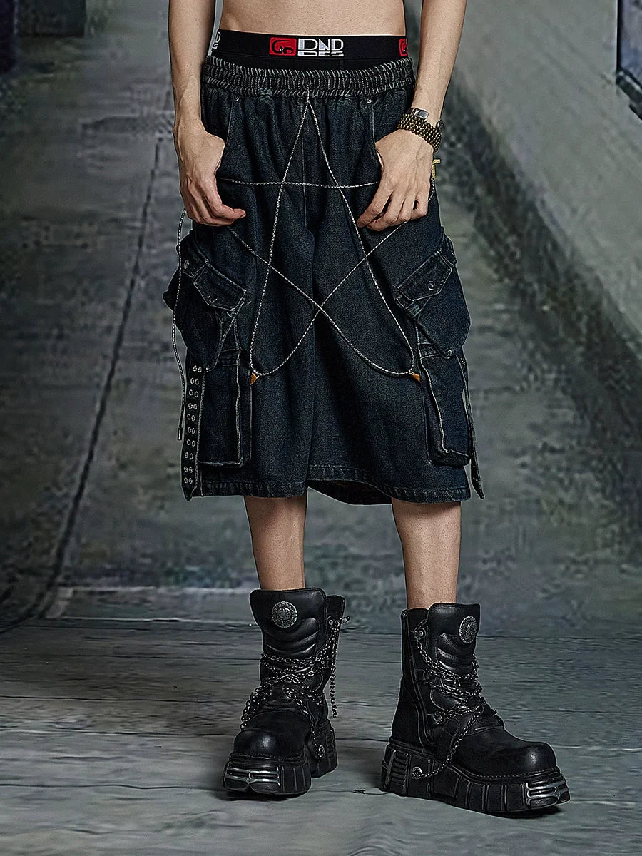 Star Design Washed Half Denim Jeans