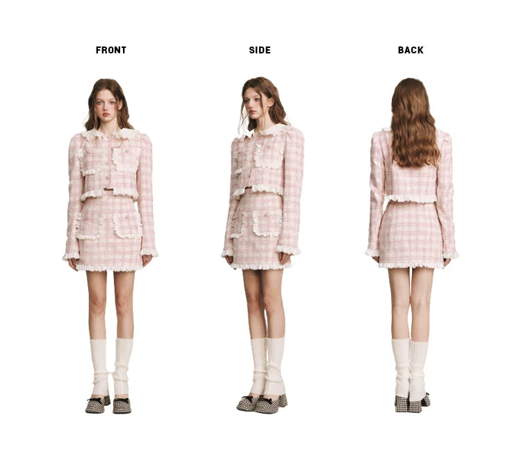 Lace Plaid Cropped Jacket & Short Lace Skirt Setup