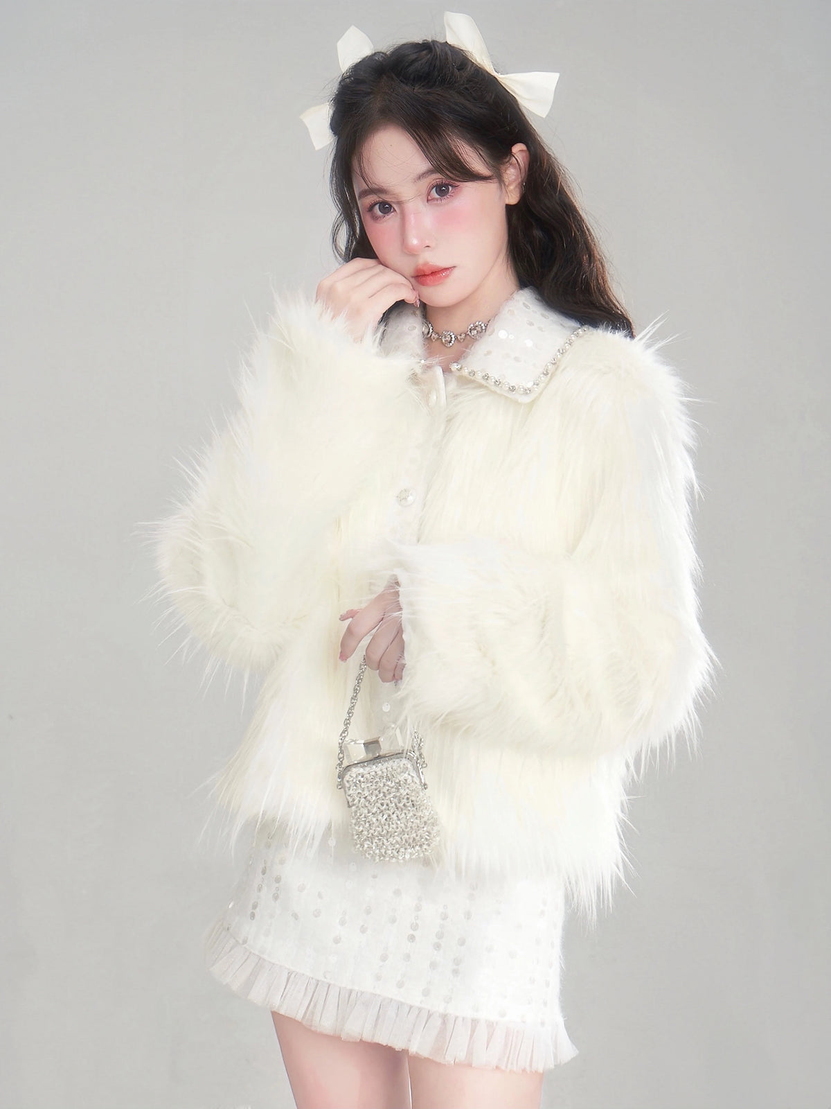 Eco Fur Warm Jacket & Short Skirt & Long Skirt Setup