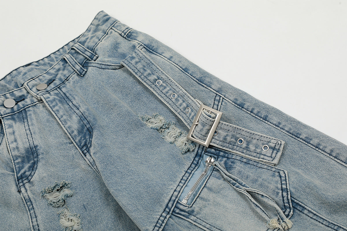 Washed Curved Multi Pocket Wide Leg Cargo Denim Jeans