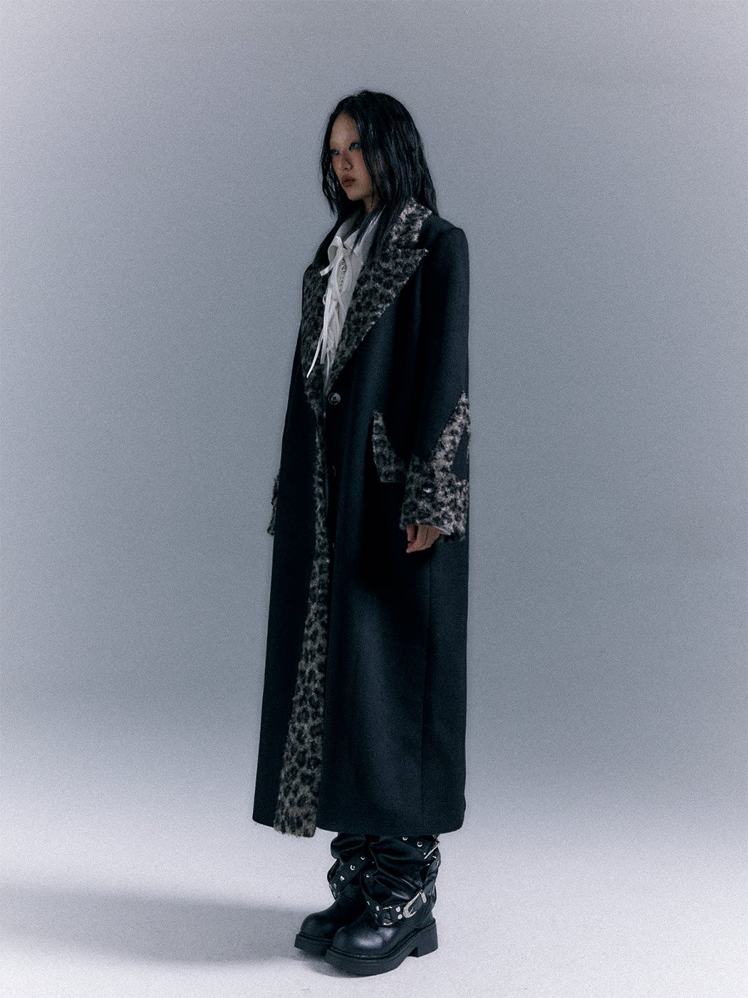 Shoulder Pad Leopard Print Patchwork Wool Coat