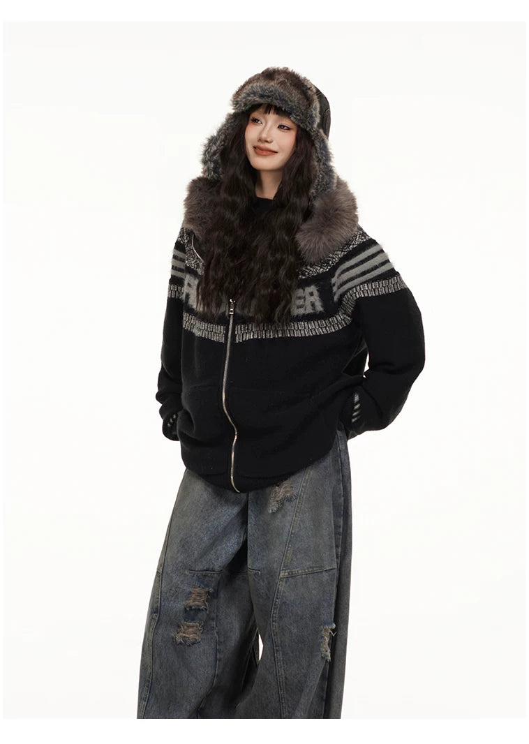 Fair Isle Hooded Detachable Fur Collar Knit Cardigan