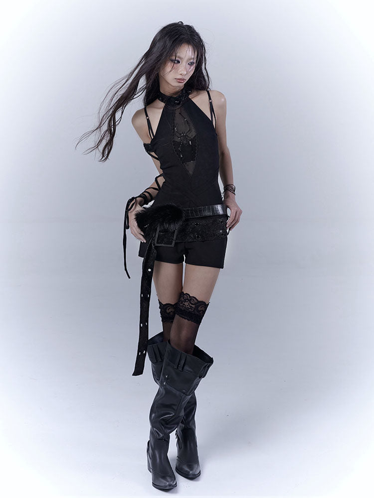 Design Rhinestone Pearl Detail Halter Neck Short Derss & Belt & Inner Camisole ＆ Set